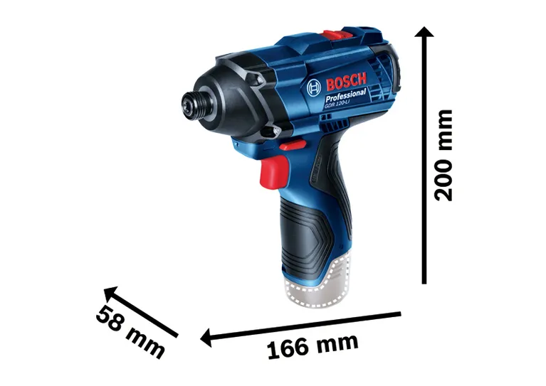 Bosch GDR 120-LI akumulatorski udarni odvijač s dimenzijama.