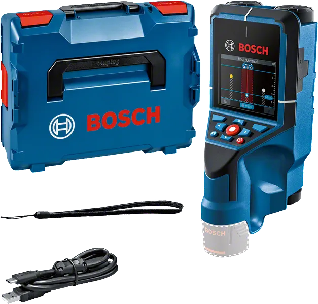 Bosch D-Tect 200 C zidni skener s kutijom i kabelom.