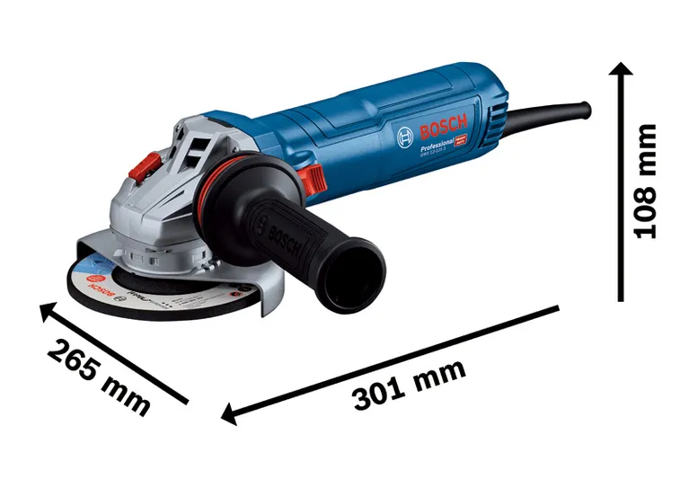 Bosch GWS 12-125 S kutna brusilica s dimenzijama veličine.