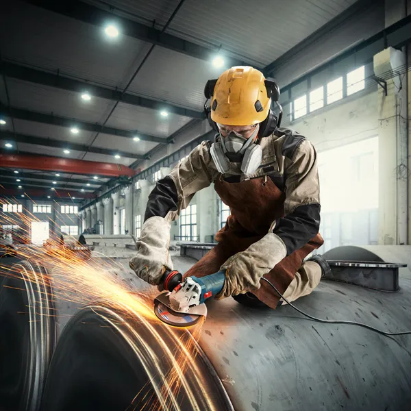 Osoba koja nosi zaštitnu opremu brusi metal, stvarajući iskre u industrijskom okruženju.