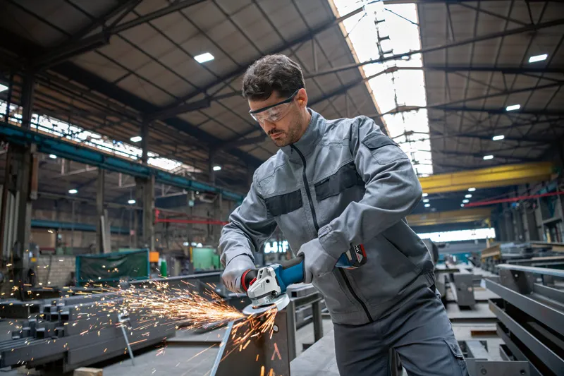 Osoba koja nosi zaštitnu opremu brusi metal, stvarajući iskre u industrijskoj radionici.