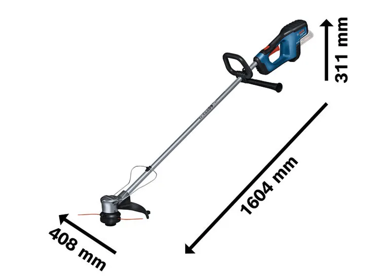 Bosch GRT 18V-33 akumulatorski trimer za travu s prikazanim dimenzijama.