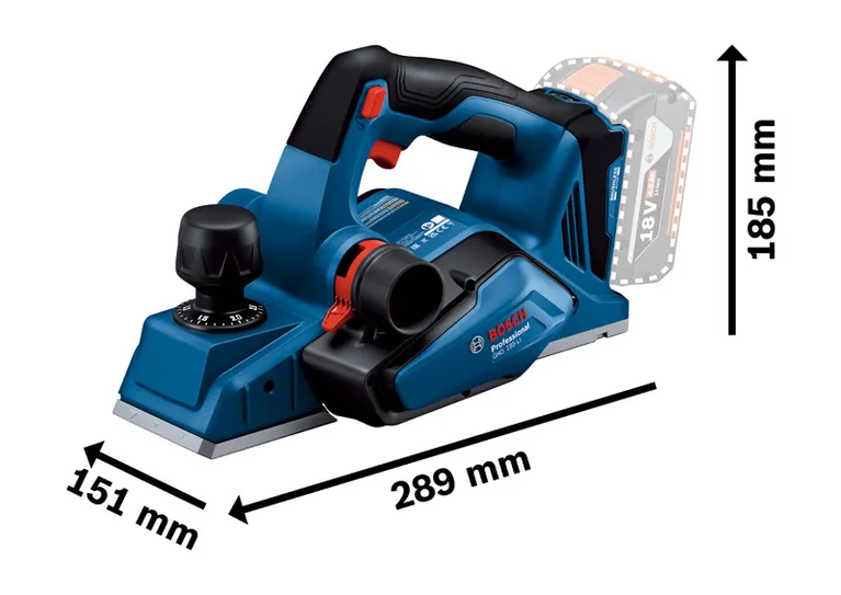 Bosch GHO 185-LI akumulatorska blanjalica s dimenzijama veličine.