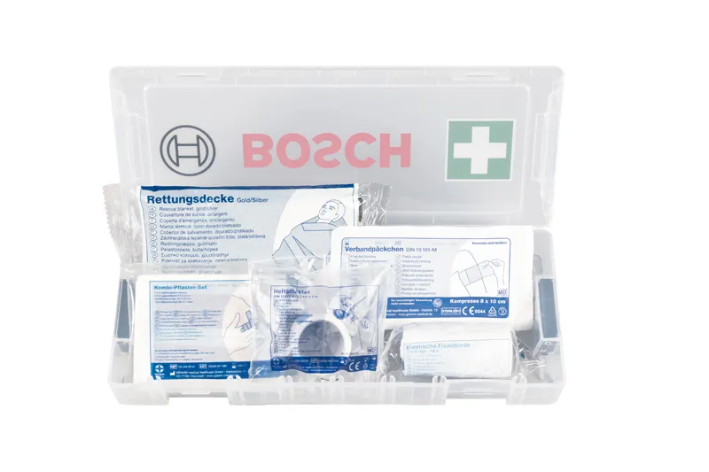 Bosch L-Boxx Micro komplet prve pomoći otvoren s medicinskim priborom.