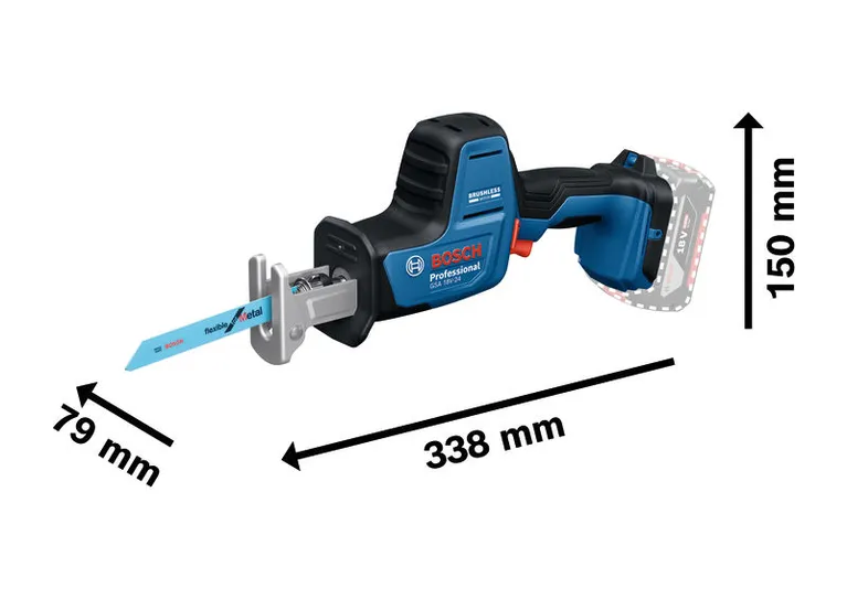 Bosch GSA 18V-24 recipročna pila s prikazanim dimenzijama.