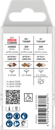 Bosch PRO set za laminat od 15 dijelova za rezanje laminata debljine 1,5-15 mm.