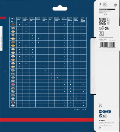 Tablica kompatibilnosti Bosch EXPERT listova kružne pile za laminat visokog tlaka.