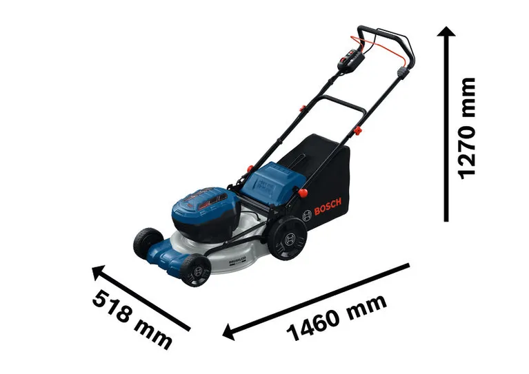 Bosch akumulatorska kosilica GRA18V2-46SP s dimenzijama.