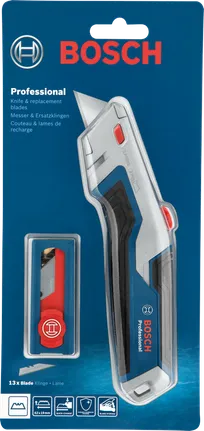 Višenamjenski nož i rezervne oštrice u plastičnom pakiranju na plavoj pozadini.