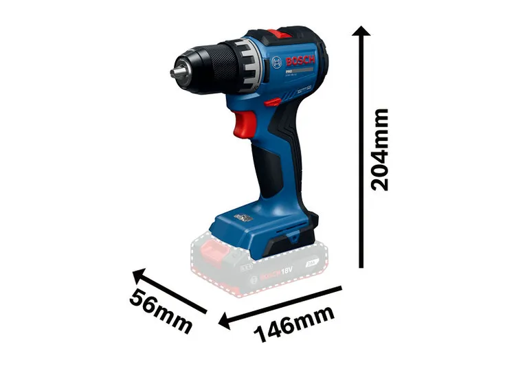 Prikazane su dimenzije Bosch GSR18V-52 akumulatorske bušilice.