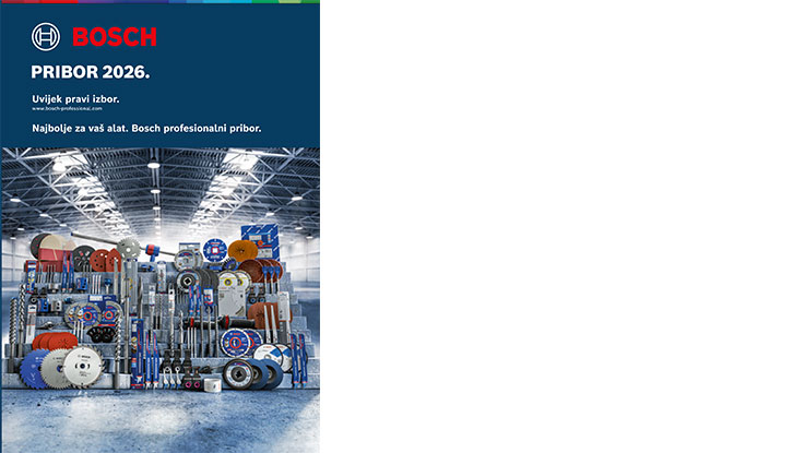 Prikaz raznih alata i pribora marke Bosch, uređenih u radnom prostoru s plavim i crvenim bojama.