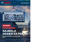 Plakat Bosch Professional s plavim pozadinom i bijelim natpisom, s alatima i opremom prikazanim na slici.