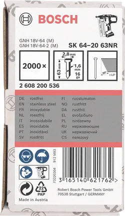 Bosch rozsdamentes acél 2,8×1,6 mm-es szegek 63 mm 2000×.