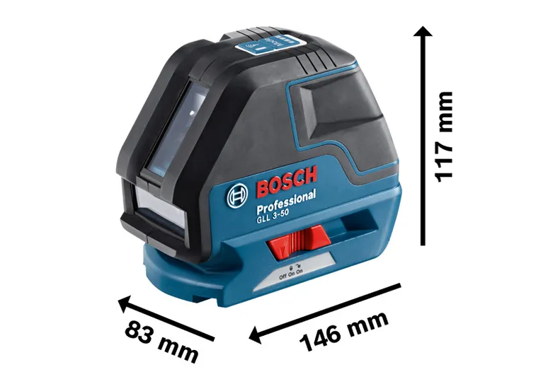 Bosch GLL 3-50 lézeres szintezőkészülék a feltüntetett méretekkel.