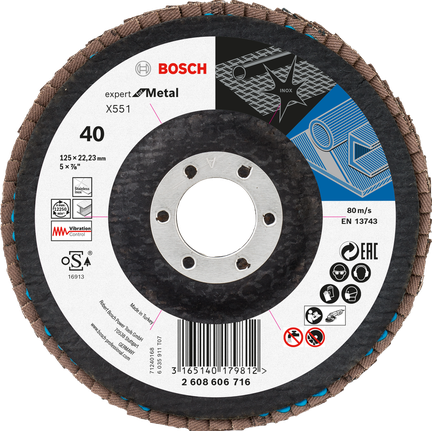 Bosch X551 Expert lamellás csiszolótárcsa fémhez, 40-es szemcseméretű.