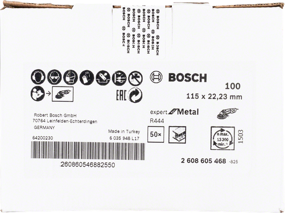 Bosch R444 szálas csiszolókorong fémhez, 115 mm, 100-as szemcseméret.