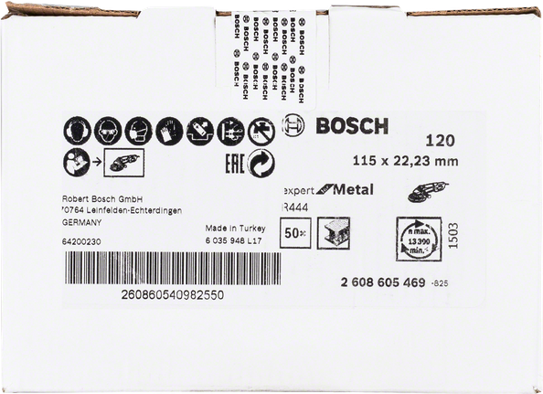 Bosch R444 szálas csiszolókorong fémhez, 115 mm, 120-as szemcseméret.
