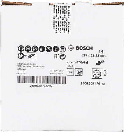 Bosch R444 szálas csiszolókorong fémhez, 125 mm átmérőjű.