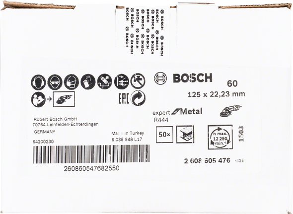 Bosch R444 Expert for Metal szálas csiszolókorong, 125 mm, 60-as szemcseméret.