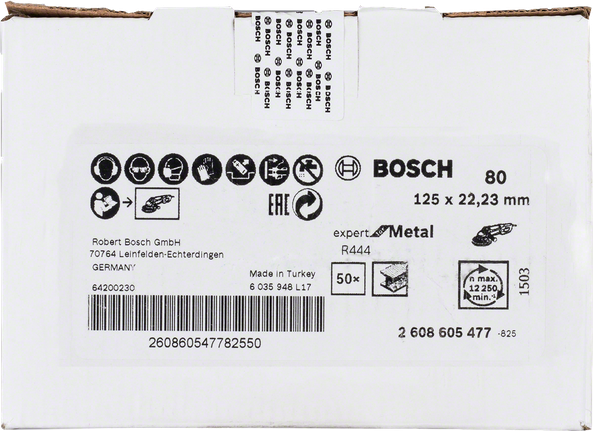 Bosch R444 Expert for Metal szálas csiszolókorong, 125 mm, 80-as szemcseméret.