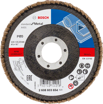 Bosch X431 legyezőlapos csiszolótárcsa, 115 mm, 80-as szemcseméretű, fémhez.