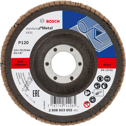 Bosch X431 lamellás csiszolótárcsa fémhez, 115 mm átmérőjű, 120-as szemcseméretű.