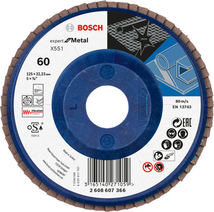 Bosch X551 lamellás csiszolótárcsa fémhez, 125 mm átmérő, 60-as szemcseméret.