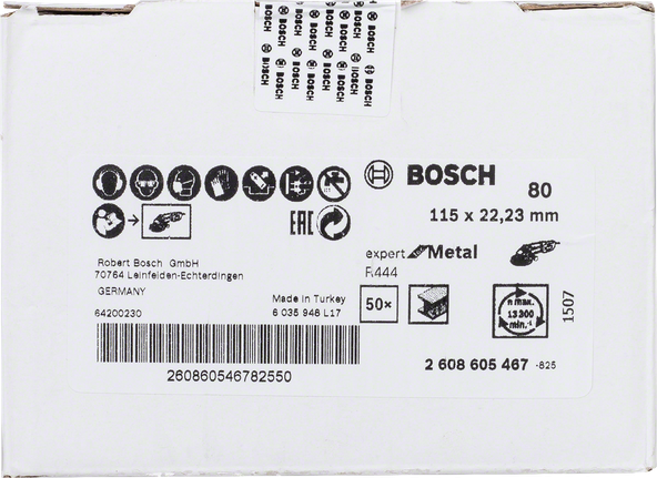 Bosch R444 Expert for Metal szálas csiszolókorong, 115 mm, 80-as szemcseméret.