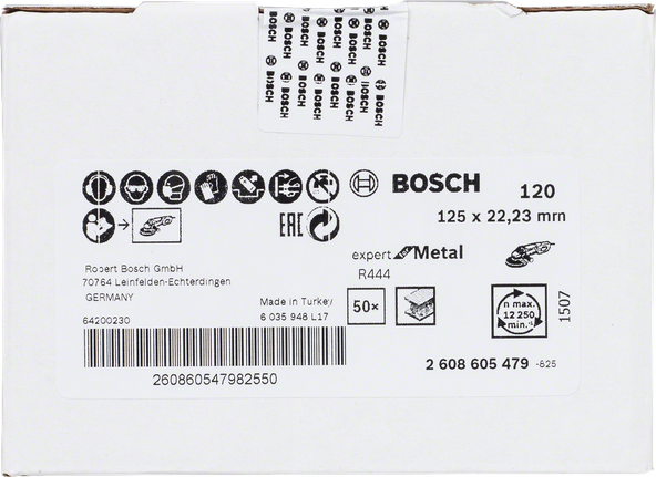 Bosch R444 szálas csiszolókorong fémhez, 125 mm, 120-as szemcseméret.