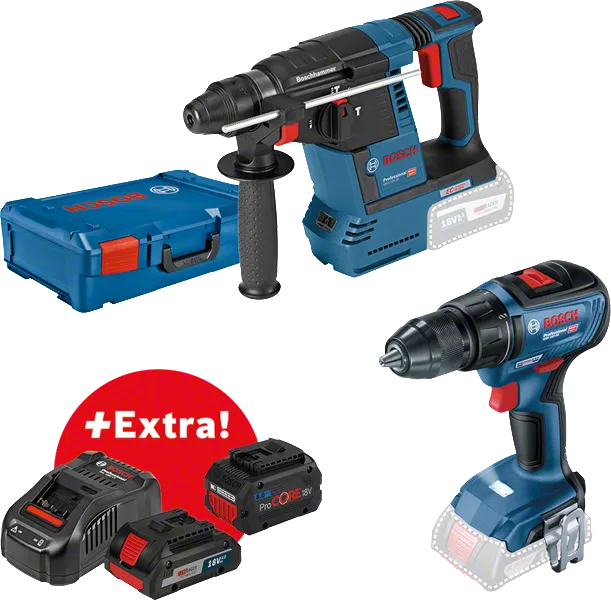Bosch GBH 18V-26 és GSR 18V-50 kombinált készlet akkumulátorokkal és töltővel.