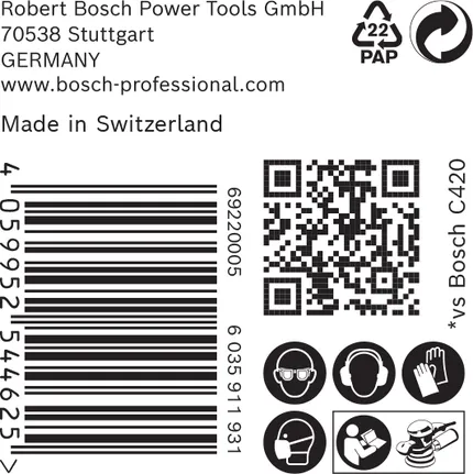Bosch EXPERT C470 csiszolópapír címke biztonsági ikonokkal.