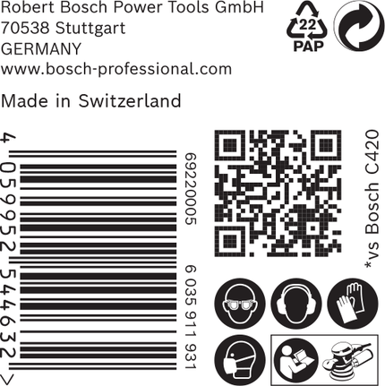 Bosch EXPERT C470 csiszolópapír címke biztonsági ikonokkal.