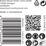 Bosch C470 csiszolópapír címke biztonsági ikonokkal.