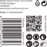 Bosch C420 címke biztonsági ikonokkal és vonalkóddal.