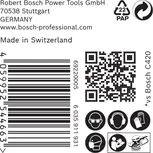 Bosch C420 címke vonalkóddal és biztonsági ikonokkal.