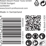 Bosch EXPERT C470 csiszolópapír címke biztonsági ikonokkal.