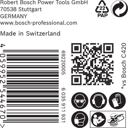 Bosch EXPERT C470 csiszolópapír címke biztonsági ikonokkal.