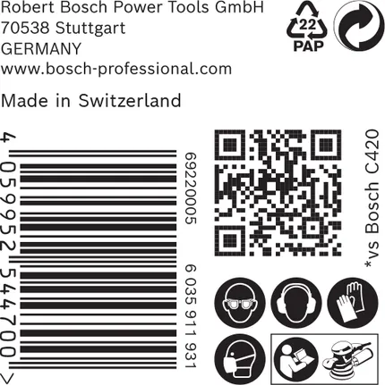 Bosch C420 csiszolópapír címke biztonsági ikonokkal és vonalkóddal