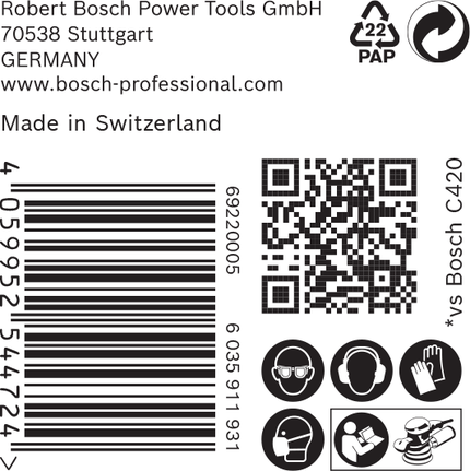 Bosch C420 csiszolópapír csomagolás biztonsági ikonokkal.