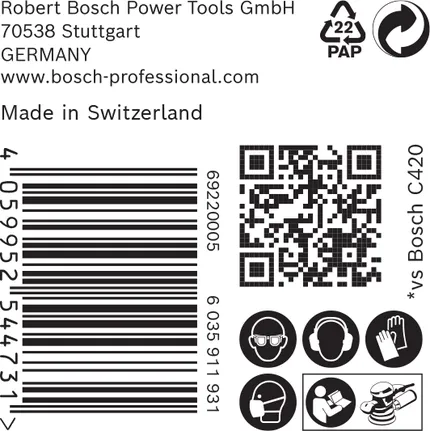 Bosch C470 csiszolópapír címke biztonsági ikonokkal és vonalkóddal