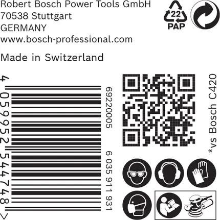 Bosch C420 címke biztonsági ikonokkal és vonalkóddal.