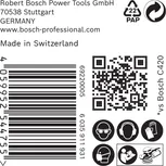 Bosch C420 csiszolópapír csomagolási címkéje biztonsági ikonokkal.