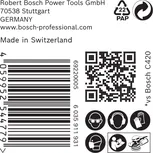 Bosch C420 címke biztonsági ikonokkal és QR-kóddal.