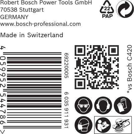 Bosch EXPERT C470 Csiszolópapír címke biztonsági ikonokkal.