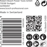 Bosch EXPERT C470 csiszolópapír címke biztonsági ikonokkal.