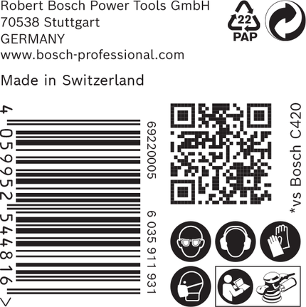 Bosch EXPERT C470 csiszolópapír címke biztonsági ikonokkal.