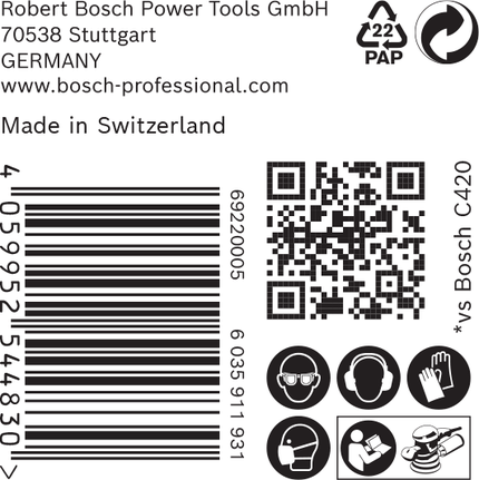 Bosch C470 csiszolópapír vonalkódos címke biztonsági ikonokkal.