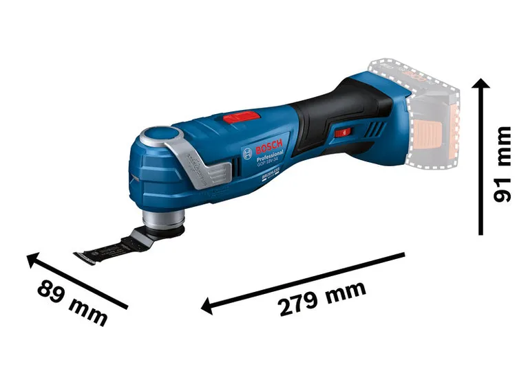 Bosch GOP 18V-34 akkus multiszerszám méretekkel.
