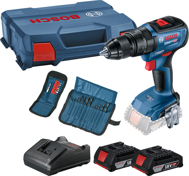 Bosch akkus fúró-csavarozó készlet két 18 V-os akkumulátorral és bitekkel.