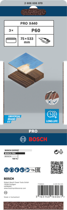 Bosch PRO X440 csiszolószalag 75x533 mm G60, hosszú élettartam.